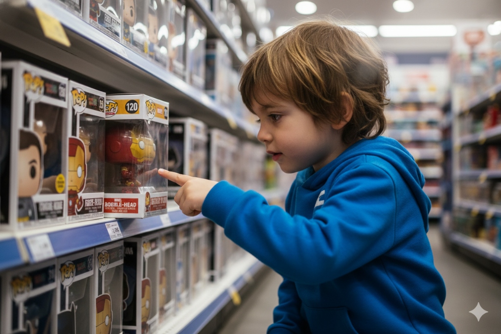 Criança apontando para um Funko Pop na prateleira