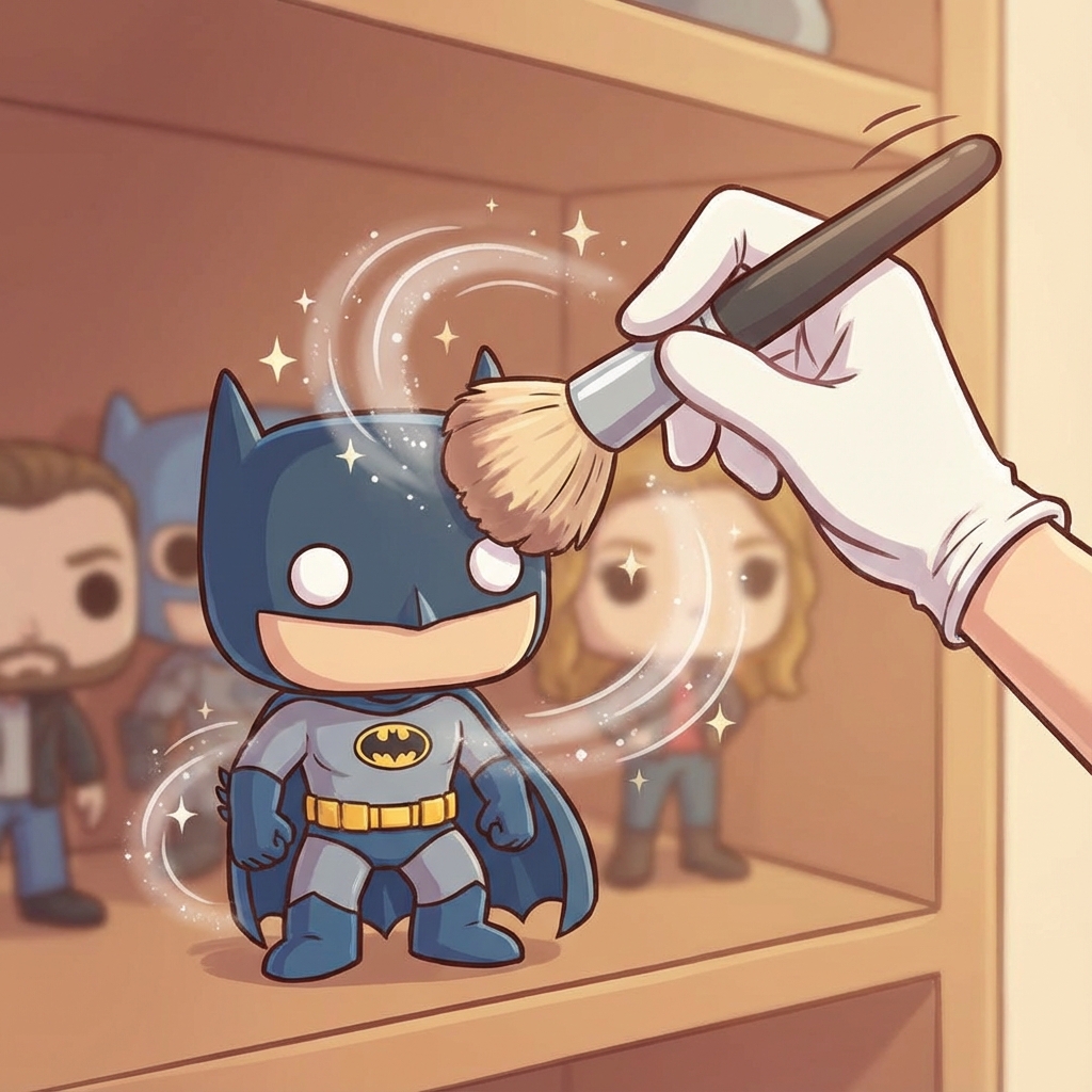 Ilustração de como limpar Funko Pop com pincel de maquiagem