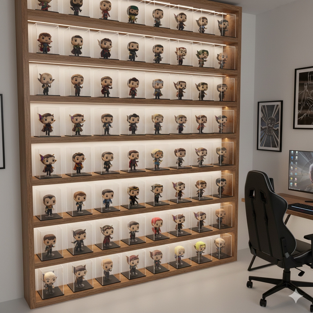 Coleção de Funko Pops exibida em caixas protetoras de acrílico