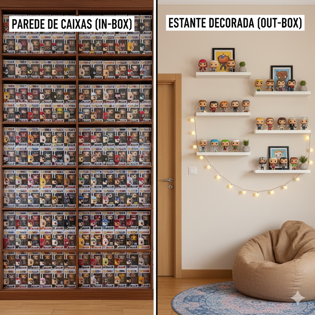 Cartoon comparando uma parede de caixas Funko Pop com uma estante decorada sem caixas