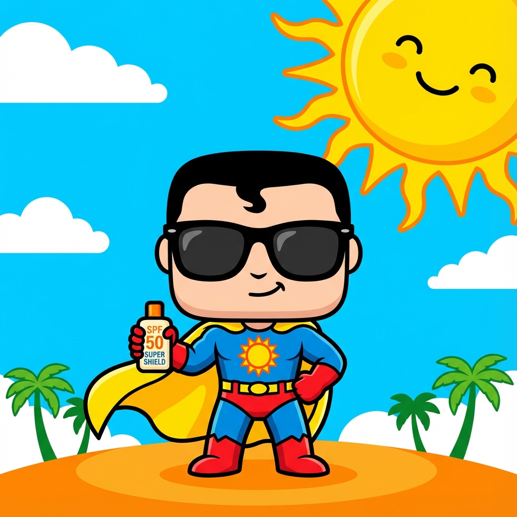 Funko Pop super-herói usando óculos escuros e protetor solar